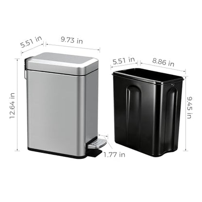 Sineng Bathroom Trash Can with Lid Soft Close, 1.6 Gallon Stainless Steel Small Pedal Garbage Can with Removable Inner Bucket, Waste Bin for Kitchen Bedroom, Compact Toilet Trash bin - color: stainless steel