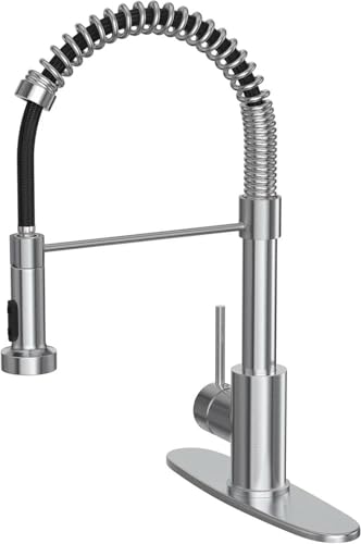 Kitchen Faucet with Pull Down Sprayer, Single Handle Pull Down Spring Sink Faucet, 1 Hole or 3 Hole Dual Function Sprayer for Farmhouses, Utility Rooms, RV's and Bars - color: Brushed Nickel, style: Spring