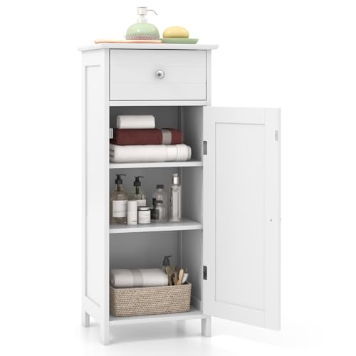 BECOMFORT Bathroom Floor Cabinet, Small Wooden Storage Organizer Unit with Drawers, Adjustable Shelves, Mid Century Modern Bathroom Storage Cabinet for Bedroom, Living Room, Entryway - color: White