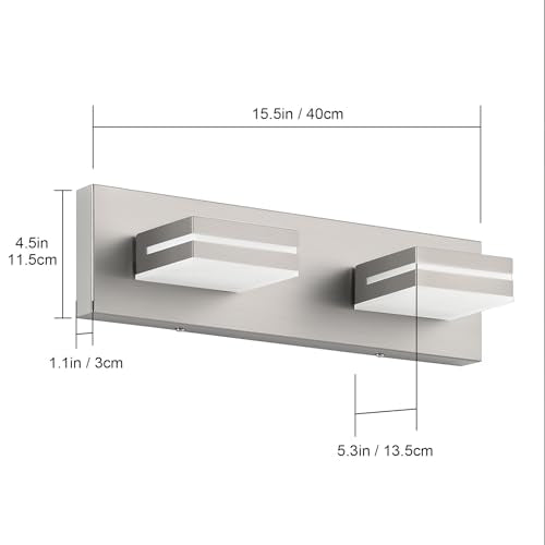 SineRise LED Modern Bathroom Vanity Light Fixtures, Modern Acrylic Bathroom Wall Lighting Fixtures Over Mirror, 2-Light, 15.5-Inch, Nickel, 100%-0% White - color: Nickel, 100%-0% White, size: 2-Light, 15.5-Inch