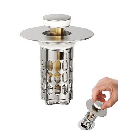 QYHNYJF Upgraded Bathroom Sink Stopper with Hair Catcher - Universal Pop-Up Drain Plug, Stainless Steel & Silicone Seal for 1.1-1.5 Inch Drains,Brushed Nickel Finish (Brushed Nickel) - color: Nickel Brushed