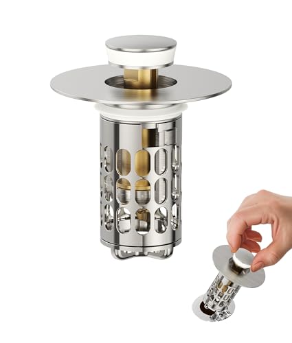 QYHNYJF Upgraded Bathroom Sink Stopper with Hair Catcher - Universal Pop-Up Drain Plug, Stainless Steel & Silicone Seal for 1.1-1.5 Inch Drains,Brushed Nickel Finish (Brushed Nickel) - color: Nickel Brushed