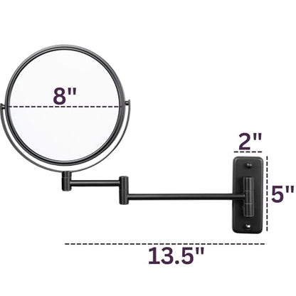 JERDON Wall-Mounted Makeup Mirror - 10X Magnification - Black - JP7810BK | 8" Round Frame, 13.5" Wall Extension Arm - color: Black, size: 10X Magnification