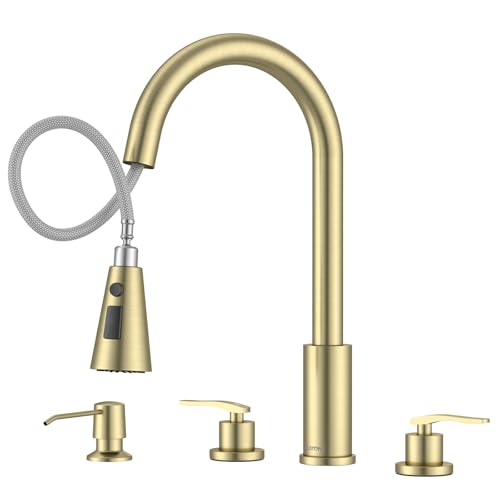 DAYONE 2 Handle Kitchen Faucet with Pull Down Sprayer, 4 Hole Sink Faucets with Separate Handle for Kitchen RV Laundry Bar, 3 Modes, SUS304 Stainless Steel, Brushed Gold - color: Brushed Gold, style: 2-handle