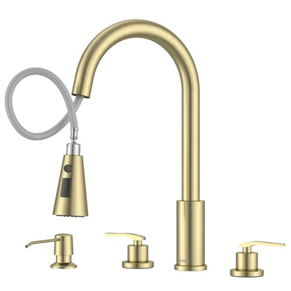 DAYONE 2 Handle Kitchen Faucet with Pull Down Sprayer, 4 Hole Sink Faucets with Separate Handle for Kitchen RV Laundry Bar, 3 Modes, SUS304 Stainless Steel, Brushed Gold - color: Brushed Gold, style: 2-handle