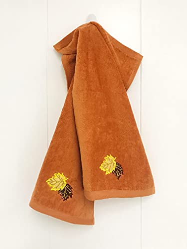 Fall Bathroom Leaf Fingertip Towels: Embroidered Gold Burgundy Leaves on Rust Orange, 2 Piece Bath Set, 12 x 18 Inches Each - color: Rust