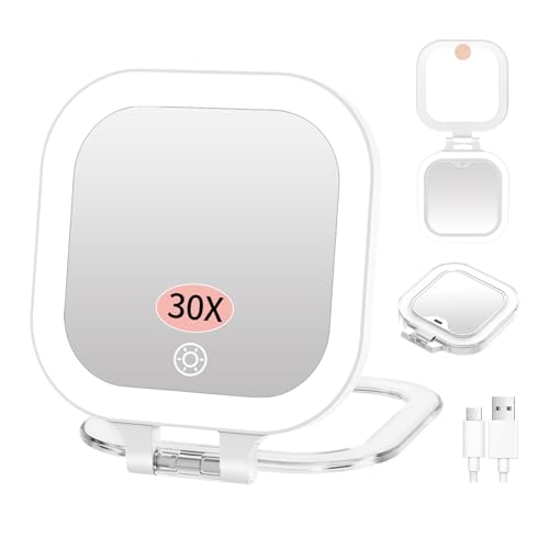 FUNTOUCH Travel Makeup Mirror, Portable Rechargeable Mirror with Lights | White Double Sided Portable/USB-Rechargeable/3 Color LED Lighting/Adjustable Brightness/Handheld Hanging/Gifts for Women - color: White-30x