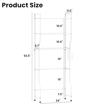 Over The Toilet Storage, 3-Tier Heavy Duty Metal Bathroom Organizer and Storage Rack, Space-Saving Above Toilet Cabinet Shelf with Paper Holder & 4 Hooks, White