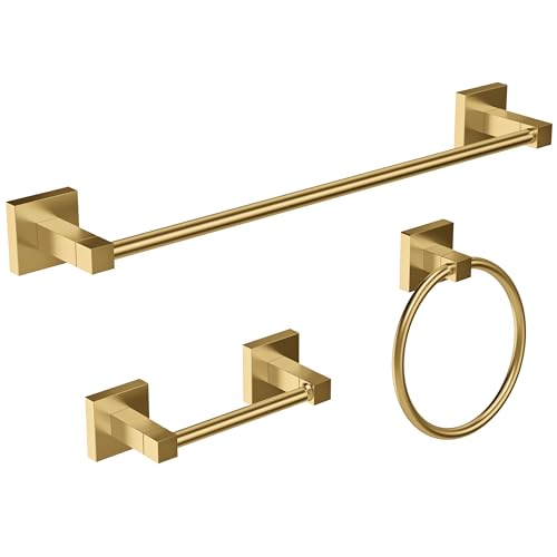 RUACQ Bathroom Accessories, 3-Piece Bathroom Hardware Set, Brushed Gold | 18" Towel Bar & Toilet Paper Holder & Towel Ring, Towel Racks for Bathroom Wall Mounted, 304 Stainless Steel, Square Base - color: Brushed Gold, size: 3pcs