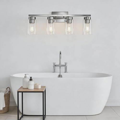 4-Light Bathroom Light Fixtures, Nickel Modern Vanity Lights Over Mirror, Bathroom Wall Sconces with Clear Glass Shade for Living Room Bedroom Hallway Cabinet Porch - color: Nickel