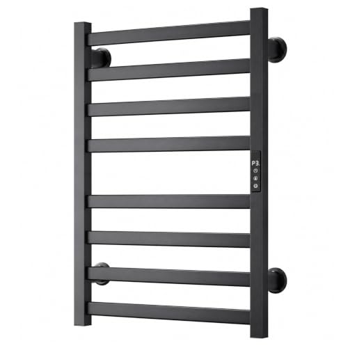 Electric Towel Warmer Wall Mounted, Heated Towel Rack with Intelligent Timer & Temperature Control, Plug-in or Hardwired, Left/Right Compatible, 27 Inch, Black - color: Black, size: 27 Inch