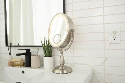 JERDON Lighted Makeup Mirror with 10X Magnification - Nickel - HL9510NL | Two-Sided 1X View, 8" x 10" Oval Frame, 15X Spot Mirror, 17.5" Tall - color: Nickel Tabletop
