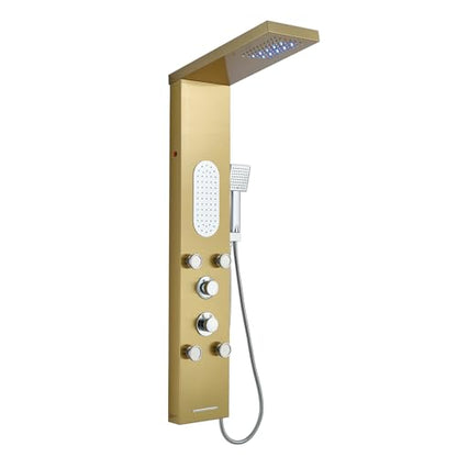 5-Jet LED Shower Panel Tower System Stainless Steel Brushed Gold | Rainfall head | 5 body jets | Handheld shower | LED lights | Brushed gold finish | Wall mount - color: Gold