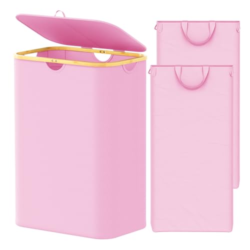 SpaceAid Double Laundry Hamper 2 Section with Lid and Removable Laundry Bags, 160L Clothes Basket with Bamboo Handles, Large Collapsible Hamper for Bedroom, Bathroom, Dorm, Laundry Room - Pink - color: Pink, size: 160 L