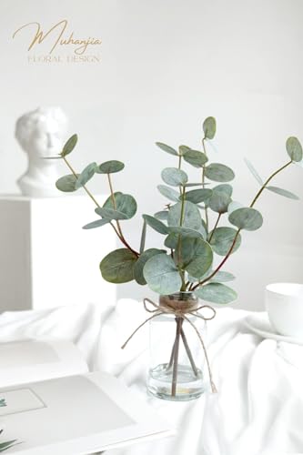 Muhanjia Artificial Eucalyptus Stems in Glass Vase with Faux Water,3Pcs Fake Plant with Double-Sided Green Leaves for Centerpiece(Double-Sided Green Eucalyptus)