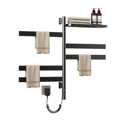 Swivel Towel Rack with Storage Rack, Rotating Heated Towel Rack Wall Mounted Drying Rack,Stainless Steel Towel Warmer 5 Bars with Built-in Timer, 1h-9h,150w,Plug-in or Hardwired,Black - color: Black