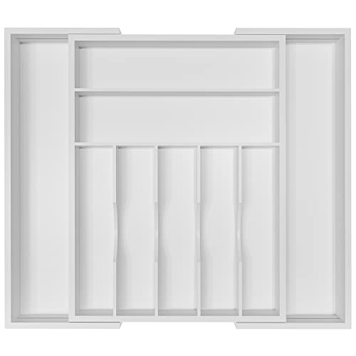 Utensil Organizer Silverware Drawer Organizer - Adjustable Utensil Tray Bamboo Silverware Divider with Groove for Kitchen Flatware, Hair Accessories, Repair Tools, Art Set W13.5"-19.9" x L17.6"(White) - color: White, size: 9 Slot