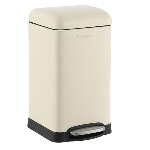 happimess Betty Retro Mini 3.2 Gal Step Trash Can, Limestone Beige | Soft-Close Lid, Removable Liner, Iron, Hands-Free Pedal, Satin Finish, Non-Skid Base, Built-In Damper, Modern, Minimalistic - color: Limestone Beige
