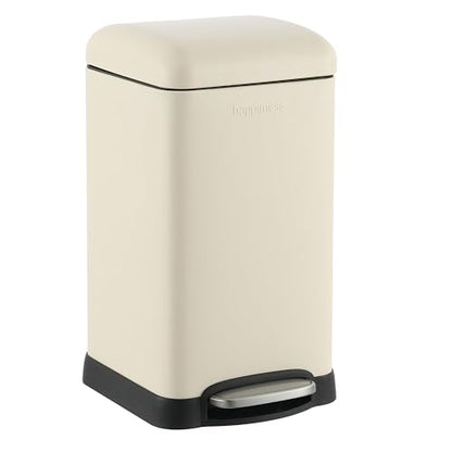 happimess Betty Retro Mini 3.2 Gal Step Trash Can, Limestone Beige | Soft-Close Lid, Removable Liner, Iron, Hands-Free Pedal, Satin Finish, Non-Skid Base, Built-In Damper, Modern, Minimalistic - color: Limestone Beige