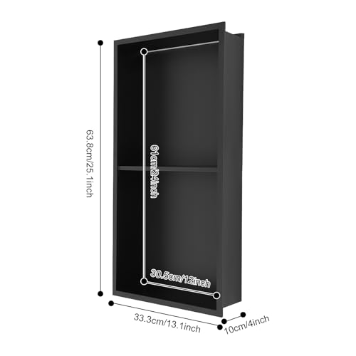 2-Tiers 12x24 Shower Niche with LED Light Strips, Matte Black Shower Niche Cabinet, Recessed Wall Cabinet, Stainless Steel Bathroom Shelf for Bathrooms, Kitchens, Toilets (12x24in) - size: 12x24in