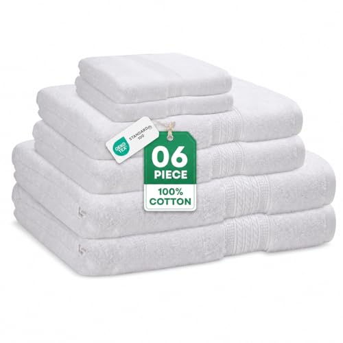 ESSELL 24/7 6 Piece White Bath Towel Set, 2 Bath Towels, 2 Hand Towels, 2 Washcloths, 100% Cotton, Durable, Quick Dry & Light Weight, Aurora Collection - color: White