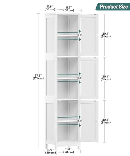 Tall Narrow Bathroom Storage Cabinet, 3-Tier Slim Storage Cabinet | Linen Cabinet with Adjustable Shelves and 3 Doors, for Bathrooms, Living Room, Laundry Room, Kitchen, White