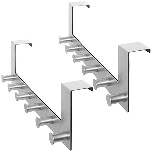 WEBI Over The Door Hook Door Hanger:Over The Door Towel Rack with 6 Peg Hooks for Hanging,Door Coat Hanger Towel Hanger Over Door Coat Rack for Clothes,Back of Bathroom,Silver,2 Packs - color: Silver, size: 2 Pack