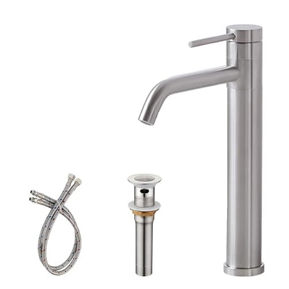 Hotis Vessel Sink Faucet Brushed Nickel, Stainless Steel Tall Bathroom Faucet with 360° Swivel Spout, Single Handle 1 Hole Bathroom Faucets with Supply Lines and Pop Up Drain, HT-BF100 - color: Brushed Nickel