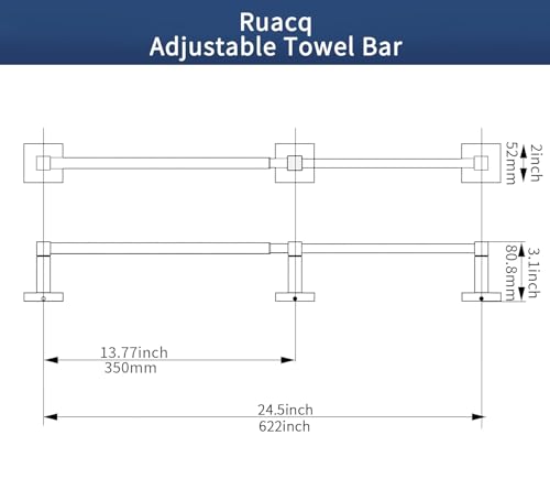 RUACQ Adjustable Towel Bar, Towel Racks for Bathroom Wall Mounted, Nickel | Adjust 13.8 to 24 inch Single Towel Rod, Bath Towel Holder, 304 Stainless Steel, Rustproof, Square Base, Heavy Duty, Modern - color: Brushed Nickel, size: 13.8-24 inch(Center to C