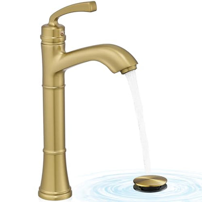 Brass Gold Vessel Sink Faucet, Tall Single Hole Bathroom Faucet for Vessel Sink Single Handle with Pop-Up Drain & Pre-Installed Hoses - color: Brushed Gold