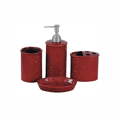 HiEnd Accents Savannah 4 Piece Ceramic Bathroom Countertop Set with Soap Lotion Dispenser, Tumbler, Soap Dish, Red Tooled Leather Floral Pattern, Modern Rustic Western Style