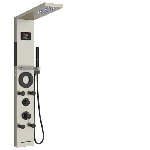 Hoimpro Brushed Nickel LED Shower Panel Tower System,2 In 1Function Shower Panel Light Rainfall Waterfall Shower Rain Massage System with Body Jets Handheld Shower Sprayer, Stainless Steel, Wall Mount - color: Nickel