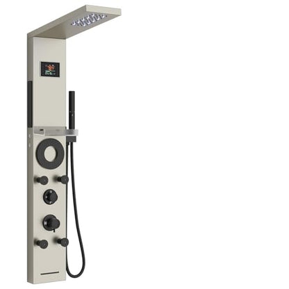 Hoimpro Brushed Nickel LED Shower Panel Tower System,2 In 1Function Shower Panel Light Rainfall Waterfall Shower Rain Massage System with Body Jets Handheld Shower Sprayer, Stainless Steel, Wall Mount - color: Nickel