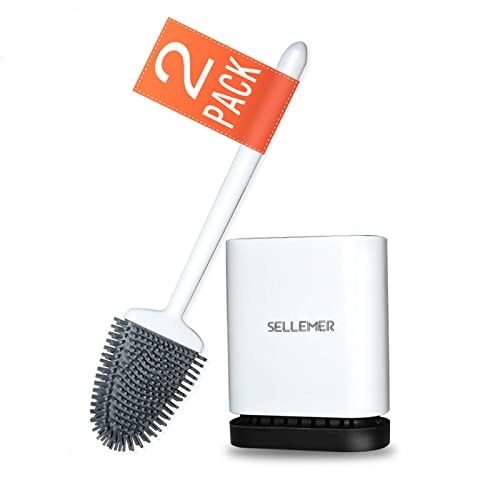 Silicone Toilet Brush, Ventilation Slots Holder 2 Pack Pearl White | Flexible Bristles Flat Head for Rim, Hair Tangle-Free, Easy to Clean, Compact Design, Rustproof Handle, for Toilet/Sink/Tub - color: Pearl White-2pcs