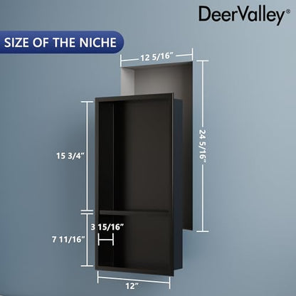 DeerValley Stainless Steel No Tile Needed Shower Niche for Bathroom Storage ，Recessed Wall Niche,Double Shelves(Matte Black, 12 * 24 in)