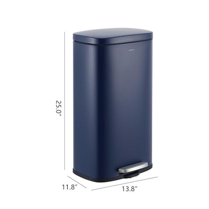 happimess Curtis 8 Gal Step Trash Can Soft Close 25", Denim Blue | Iron Construction, Satin Finish, Removable Liner, Steel Pedal, 20 Trash Bags Included, Kitchen Office Bin - color: Denim Blue