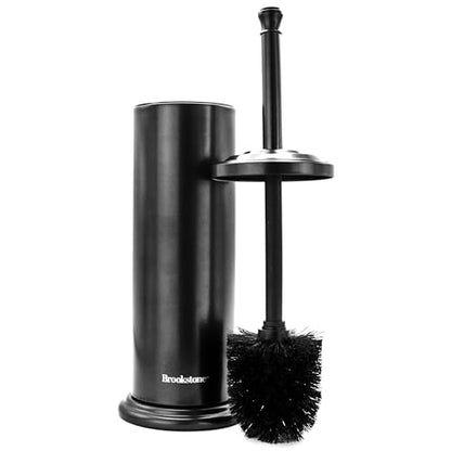 BROOKSTONE Toilet Brush and Holder Set for Bathroom with Splash Guard for Deep Cleaning, Compact and Space Saving Stylish Toilet Bowl Cleaners, Black - color: Black