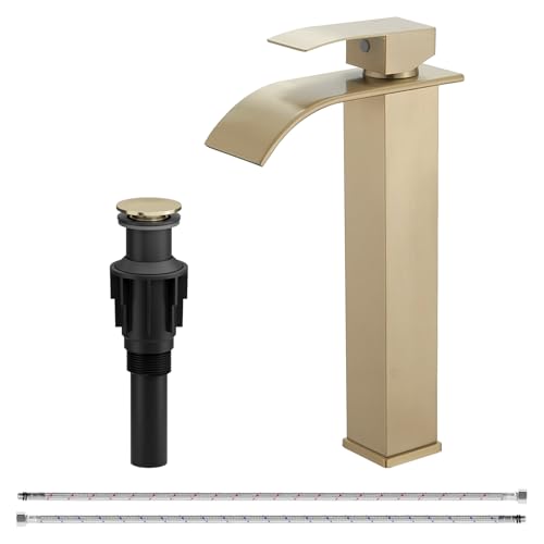 Vessel Sink Faucet Brushed Gold Waterfall Bathroom Faucet with Pop Up Drain | Stainless Steel,Single Handle One Hole Deck Mount,Bowl Vanity Sink Faucet,with 3/8" Supply Hose,Lead-Free by Bathfinesse - color: Brushed Gold
