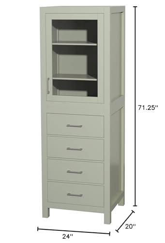 Wyndham Collection Sheffield 24 Inch Linen Tower in Light Green with Shelved Cabinet Storage and 4 Drawers