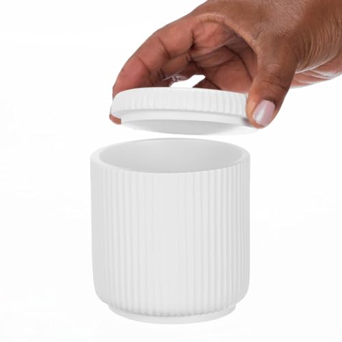 mDesign Fluted Resin 3-Piece Bathroom Vanity Countertop Accessories - Soap Dispenser, Tumbler Rinsing Cup, and Canister Holder Sets - Complete Modern Counter Aesthetic - Set of 3 - White