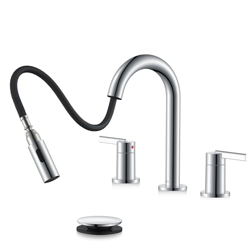 Chrome Pull Down Widespread Bathroom Faucet 8 Inch 2 Handle 3 Hole | Pull Out Bathroom Faucet with Pop Up Drain & Supply Lines, Lead-Free cUPC & NSF Certified, 8 Inch Faucet for Vanity RV Sink - color: Chrome