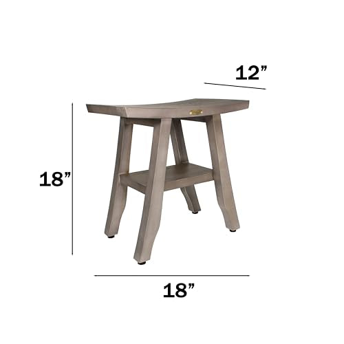 CoastalVogue Satori 18" Gray Teak Shower Bench with Curved Seat | Waterproof teak shower stool features adjustable non-slip feet for secure use on wet or uneven shower floors - size: 18x12x18, style: Shelf