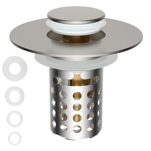 Universal Bathroom Sink Drain Strainer Hair Catcher, Brushed Nickel | Upgraded with Removable Stainless Steel Filter Basket, 3 in 1 Pop Up Sink Stopper for 1.1''~2.36'' Sink Basin Hole - color: Brushed Nickel Finish