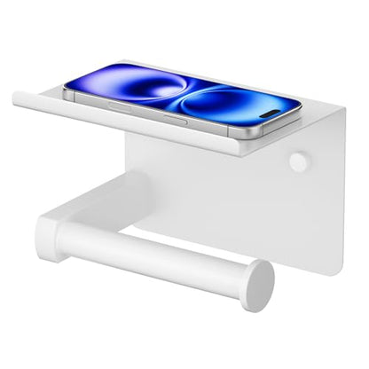 FORIOUS Toilet Paper Holder with Shelf, Adhesive or Screw, White | Wall Mount Toilet Paper Roll Holder for Bathroom, Stainless Steel Commercial Toilet Tissue Roll Dispenser with Phone Shelf - color: White