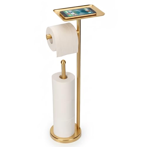 Gold Toilet Paper Holder with Shelf, Freestanding Tissue Holder Stand with Storage Space for Extra 4 Toilet Paper Rolls (Stainless Steel Base, Gold) - color: Gold
