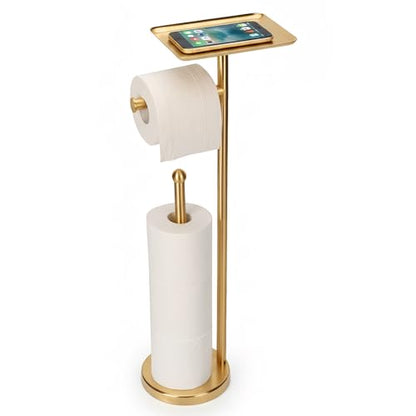 Gold Toilet Paper Holder with Shelf, Freestanding Tissue Holder Stand with Storage Space for Extra 4 Toilet Paper Rolls (Stainless Steel Base, Gold) - color: Gold