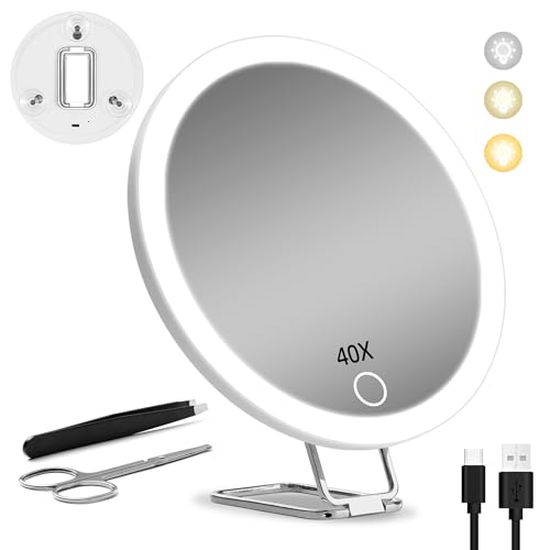 40X Magnifying Mirror with Lights, 6inch Compact Travel Size, 40X Lighted Makeup Magnification Mirror with 3 Suction Cups and 360° Adjustable Stand - Includes Tweezers & Scissors Set - color: White-40x