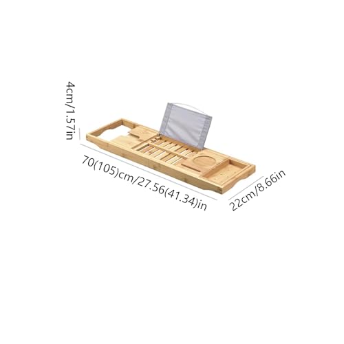 70-105CM Extendable Bamboo Bathtub Tray Caddy with Cup Holder for Spa | Non-Slip Pads, Book Stand, Wine Glass Holder, Fits Most Bath Tubs