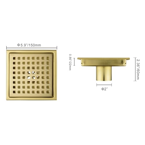 6 inch Stainless Steel Square Shower Floor Drain with Threaded Adapter, Removable Cover Grid Grate, Brushed Gold Brass Finished - color: Brushed Gold