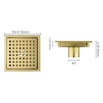 6 inch Stainless Steel Square Shower Floor Drain with Threaded Adapter, Removable Cover Grid Grate, Brushed Gold Brass Finished - color: Brushed Gold
